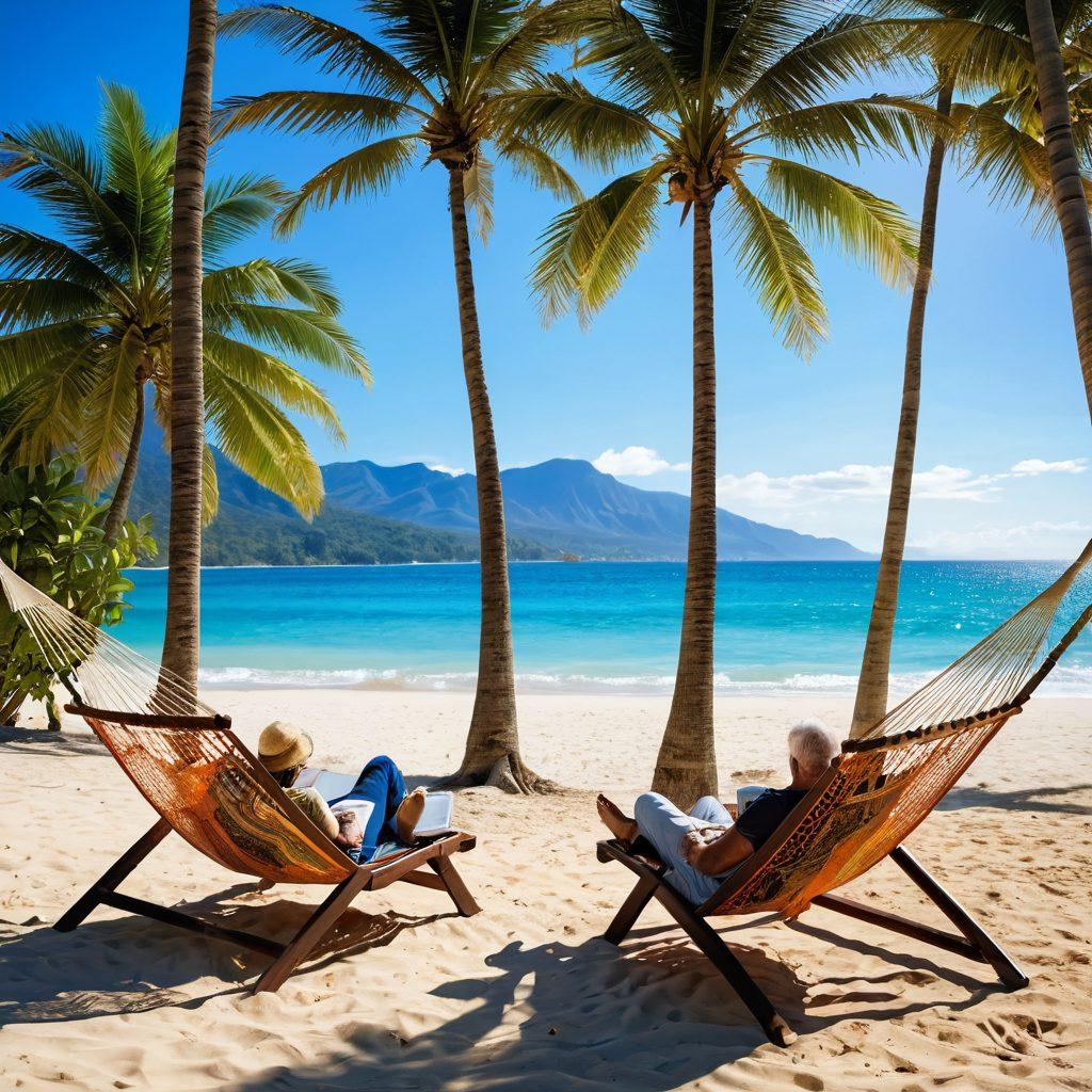 An idyllic scene of a couple enjoying their retirement on a sunny beach, surrounded by lush palm trees and gentle waves. They are relaxed in hammock chairs, reading books about finance and wellness, with a colorful picnic setup nearby. The background features a clear blue sky and silhouettes of distant mountains, symbolizing peace and financial freedom. Energetic and uplifting atmosphere. vibrant colors. super-realistic.