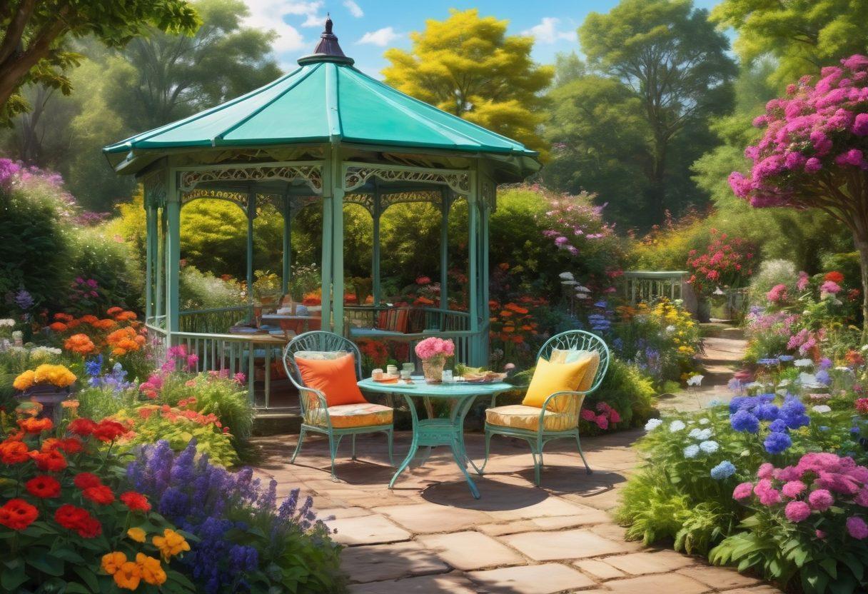 Create an inviting scene of a lush garden with two elderly individuals, one painting and the other gardening, surrounded by vibrant flowers and butterflies. Include a whimsical gazebo in the background with colorful cushions and a table filled with books and tea. Portray a bright, sunny day to evoke a sense of joy and serenity. super-realistic. vibrant colors. natural setting.