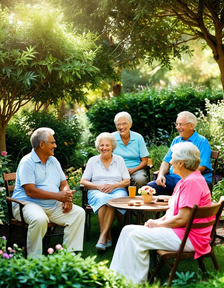 An inviting scene of a diverse group of seniors engaging in a warm, supportive community setting, sharing laughter and stories while sitting around a vibrant garden. Include elements like flowers, cozy seating, and gentle sunlight filtering through trees. Capture the essence of connection and warmth through their expressions and body language. Use soft colors to enhance the feeling of tranquility and belonging. super-realistic. vibrant colors. natural lighting.